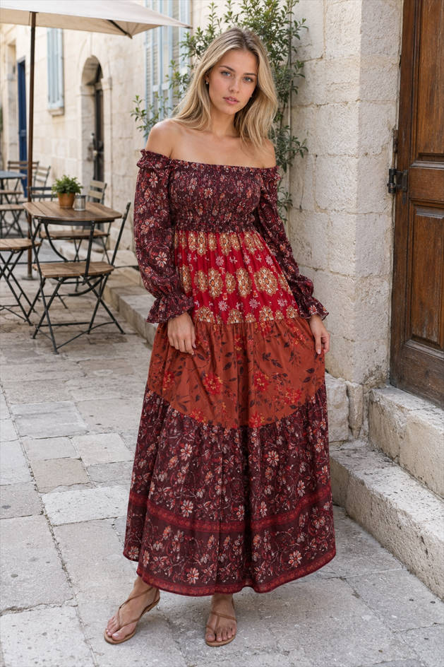 Patchwork Puff Sleeve Boho Dress