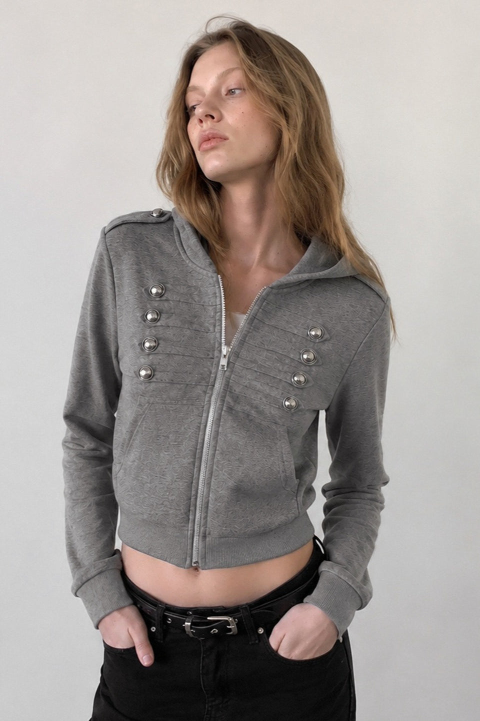 Double Button Trim Cropped Zip Hoodie