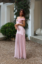 Floral Brooch Off Shoulder Mesh Maxi Dress