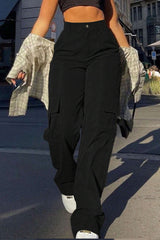 Street Style High Waist Multi Pocket Cargo Straight Loose Pants