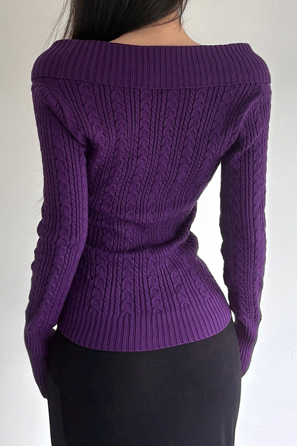 Cable V Neck Slim Long Sleeve Knit Top