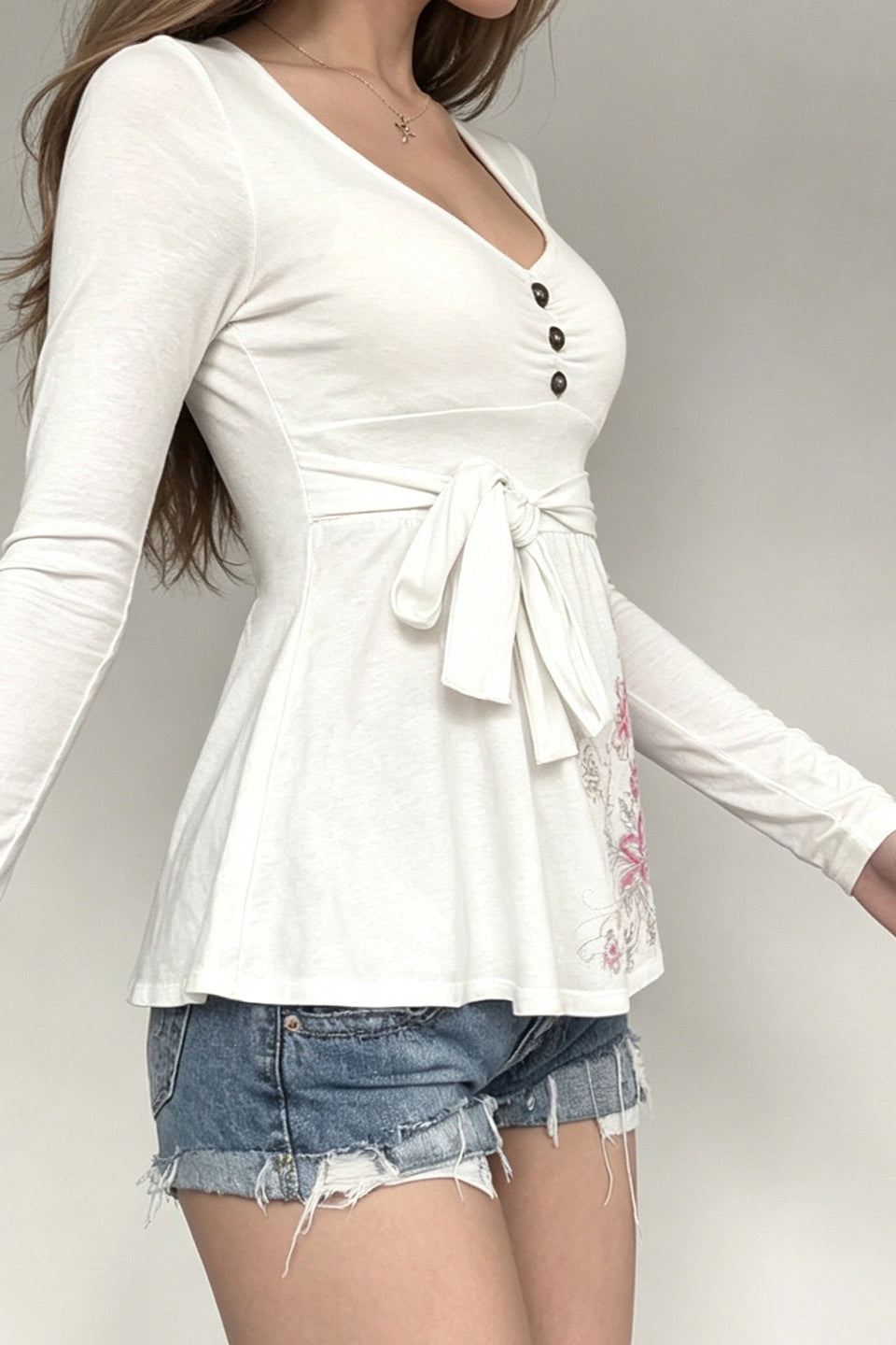 Floral Button Front Tie Waist Long Sleeve T-Shirt
