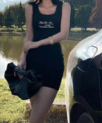 Ribbed Letter Print Bodycon Mini Dress