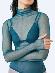 Mock Neck Mesh Long Sleeve Retro See Through Sheer Top