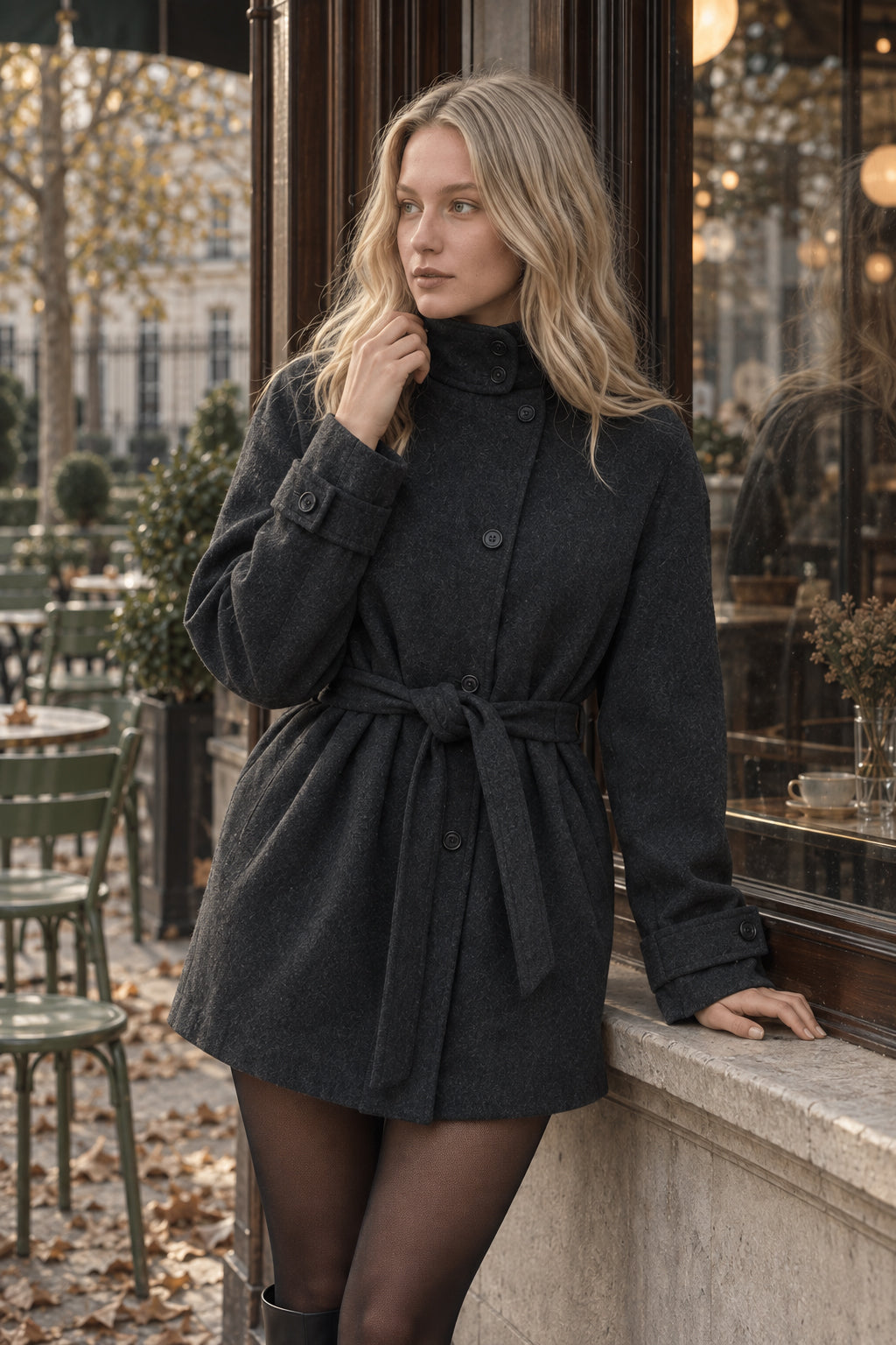 Fashion High Neck With Belt Woolen Overcoats