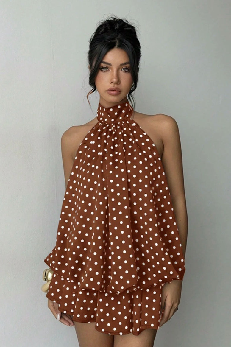 Polka Dot Halter Backless Lace-Up Flared Mini Dress