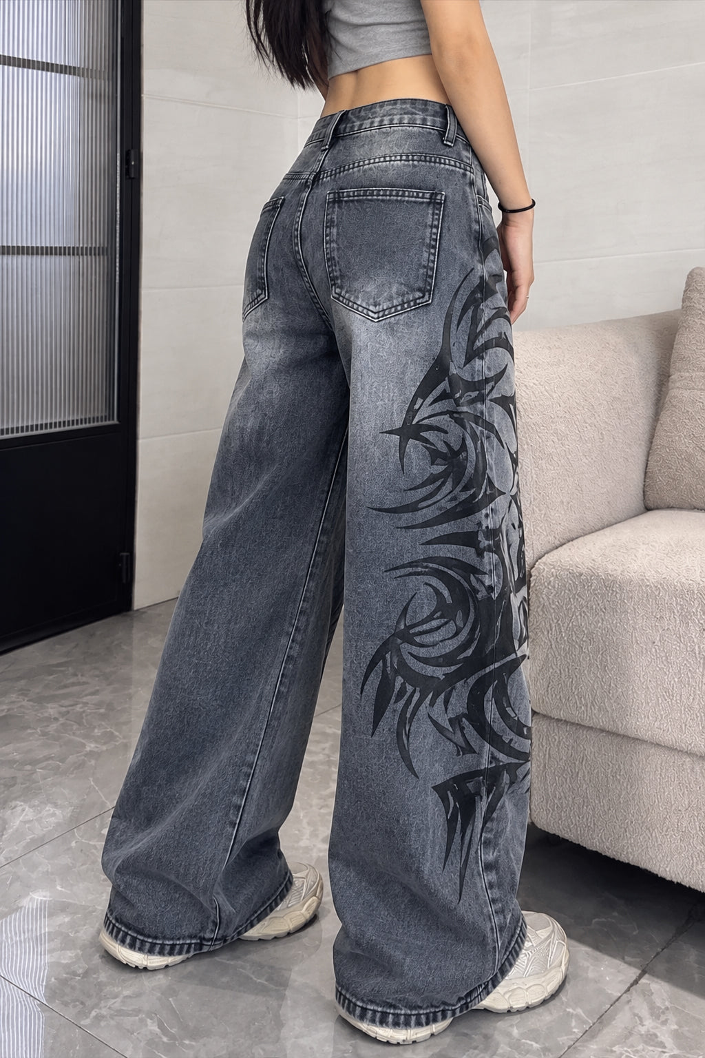 Tribal Print Wide-Leg Jeans