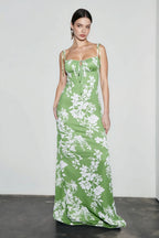 Floral Ruched Backless Tie Cami Mermaid Maxi Bodycon Dress
