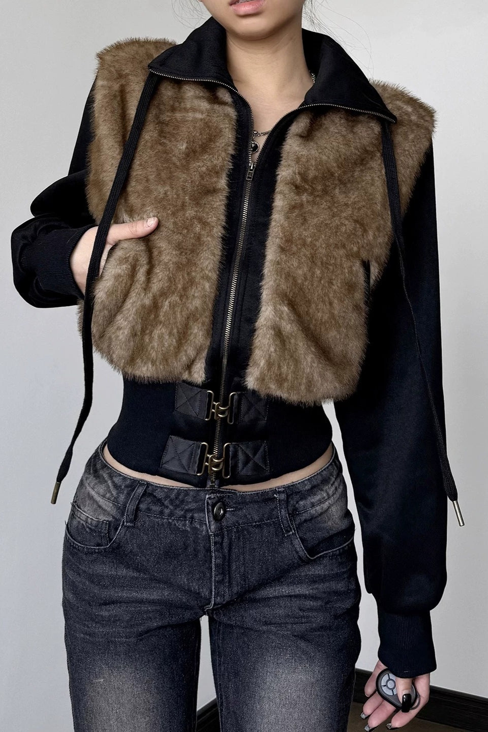 Fur Look Panel Buckle Waist Zip Jacket