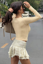 Solid V-Neck Long Sleeve Slim Fit Crop Top