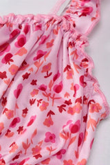 Summer Beach Women's Casual Pink Strap Print Floral Women's Ruched Party  Club Midi Dress