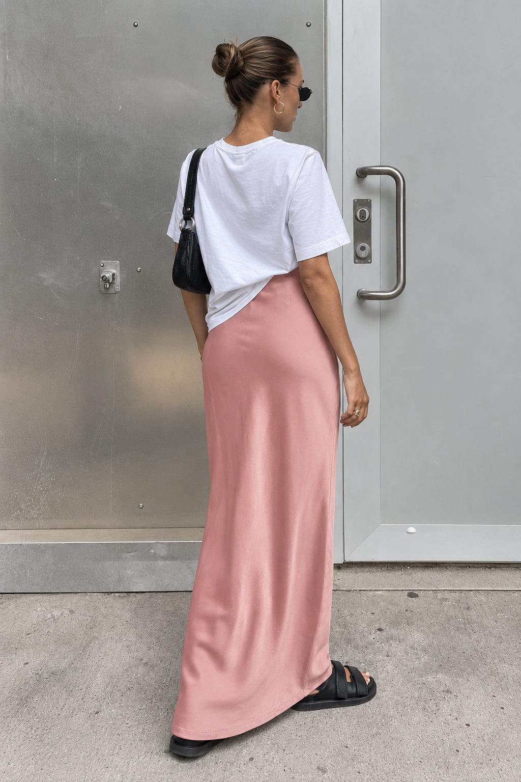 Fashion Elegant Satin Solid Black High Waist Long Skirt
