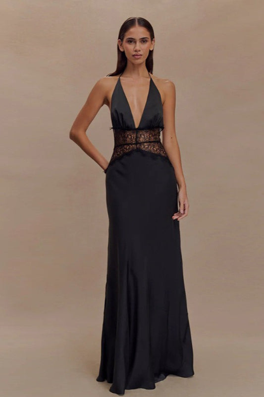 Deep V High-Waist Halter Backless Midi Silk Dress Main image