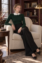 Solid Long Sleeve Floral Knit Top