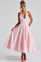 Elegant V Neck Halter Jacquard Sleeveless Backless Formal Dress
