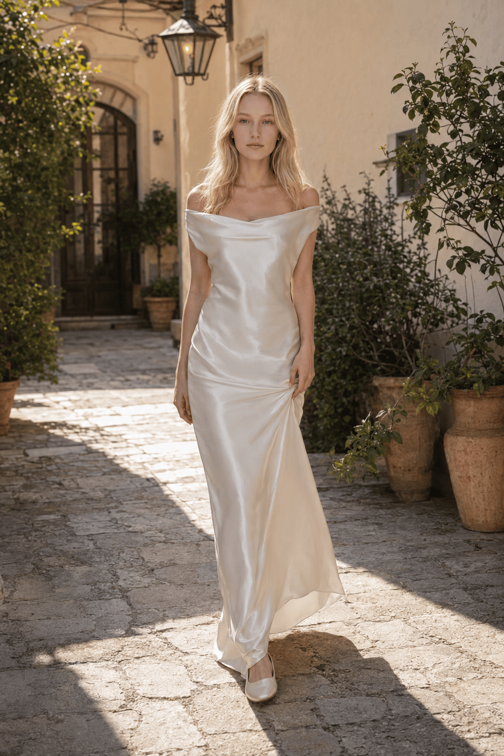 Satin Off Shoulder Backless Tie Waist Slim Fit Long Sexy Prom Dress