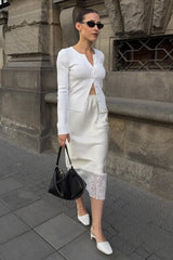 Lace Insert Solid Color Satin Skirt