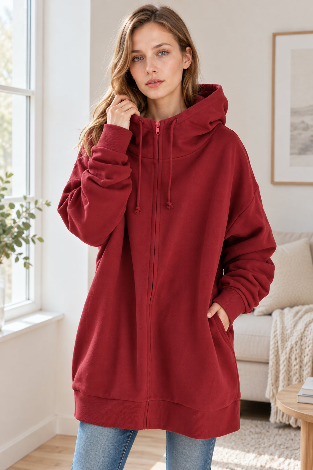 Color Hoodie Zipper Solid - Mid-length