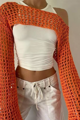 Solid Cutout Sheer Cropped Long Sleeve Crop Top