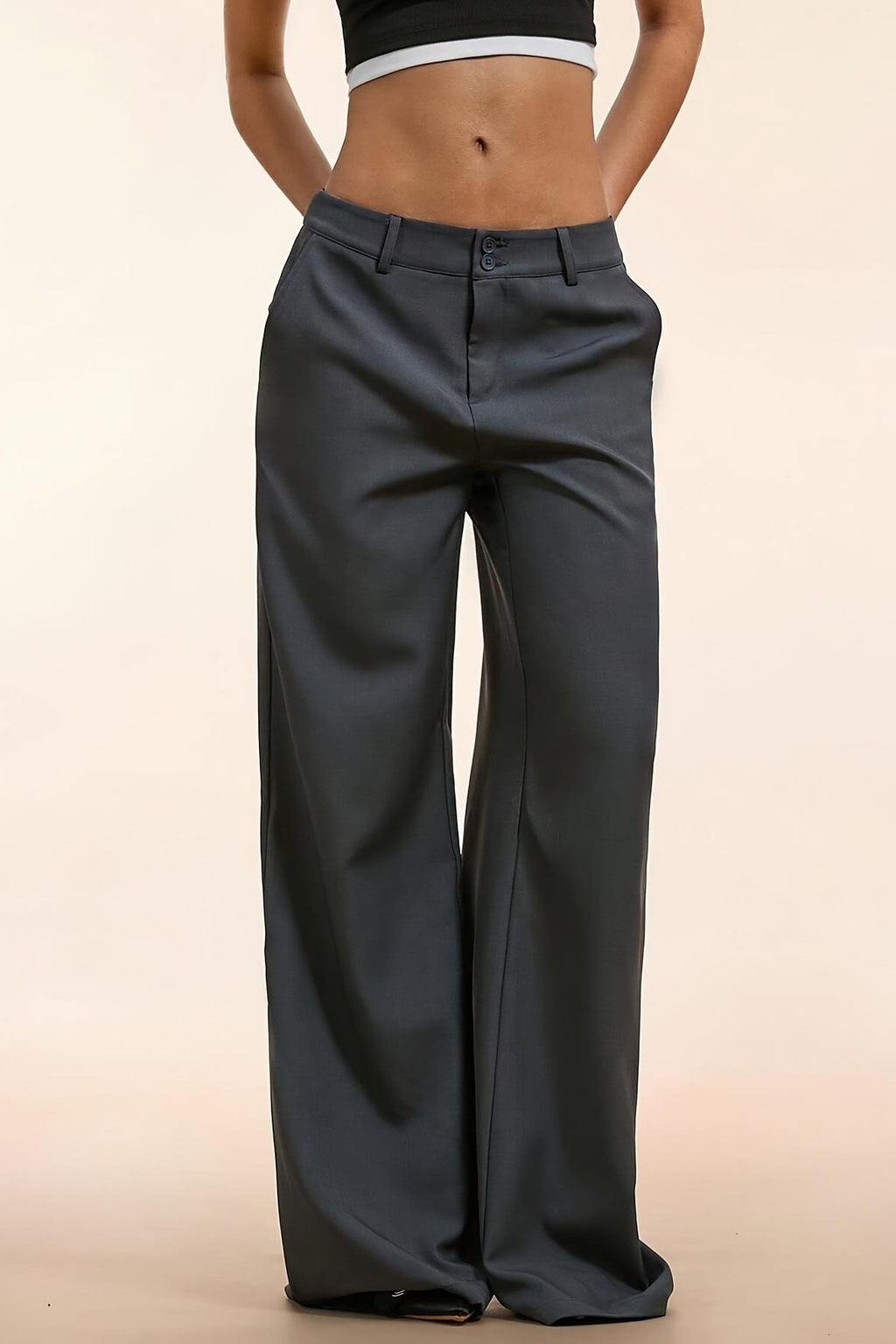 High Waist Double Button Draped Wide Leg Pants