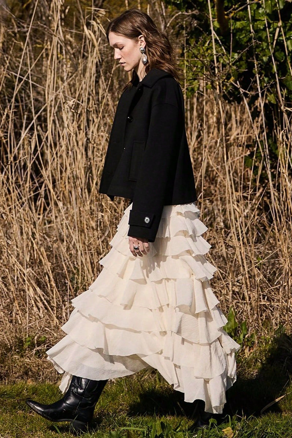 Sweet Tiered Flounce Midi Skirt