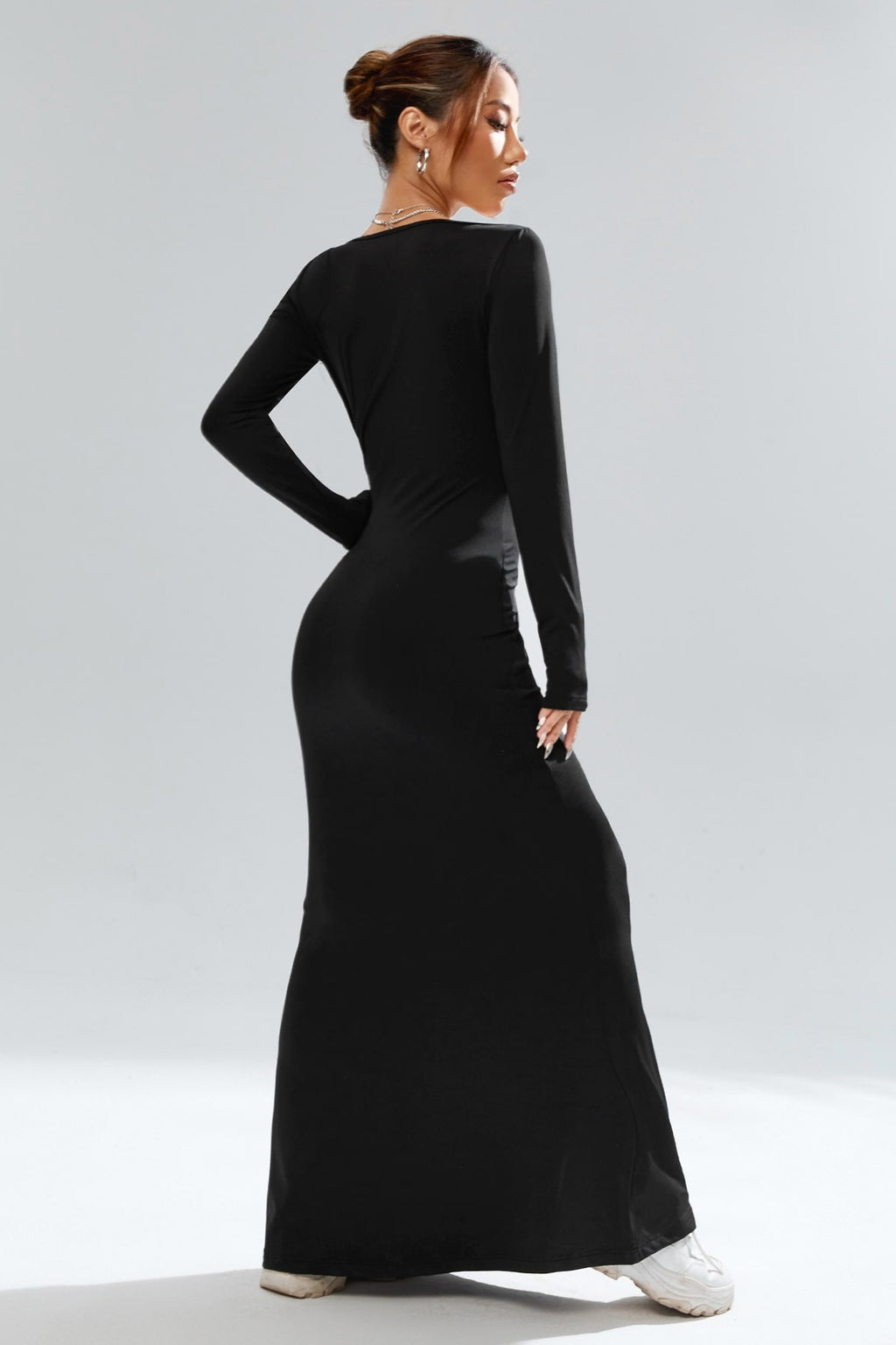 Square Neck Long Sleeve Waist Cinched Work Dress
