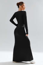 Square Neck Long Sleeve Waist Cinched Work Dress
