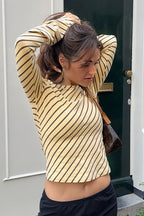 Fitted Long Sleeve Sheer Striped Crop Top