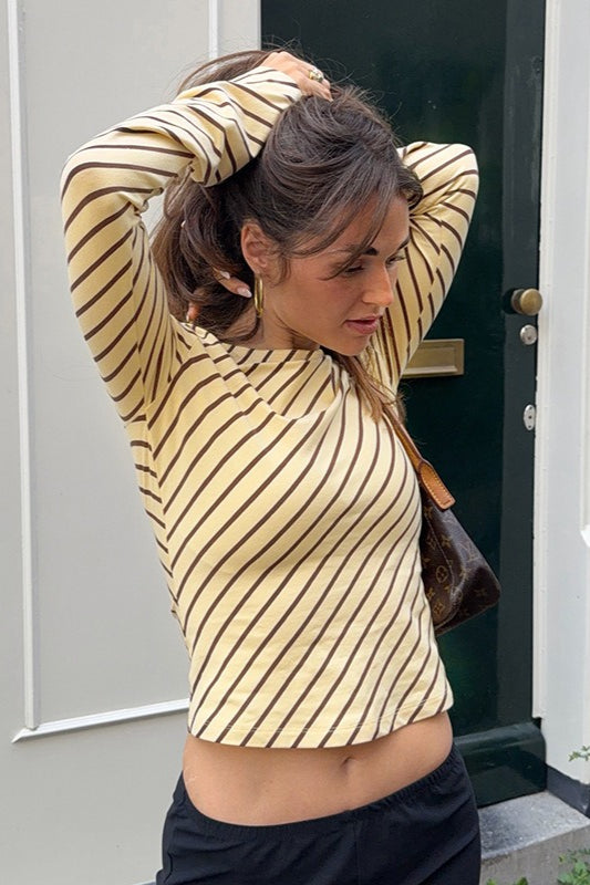 Fitted Long Sleeve Sheer Striped Crop Top