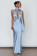Solid Deep V Halter Backless Fitted Dress