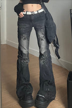 Gothic Print Low Rise Flare Jeans