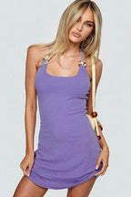 Beaded Halter Tie-Up Mini Dress