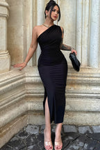 Solid Asymmetric Neck Slit Bodycon Midi Dress