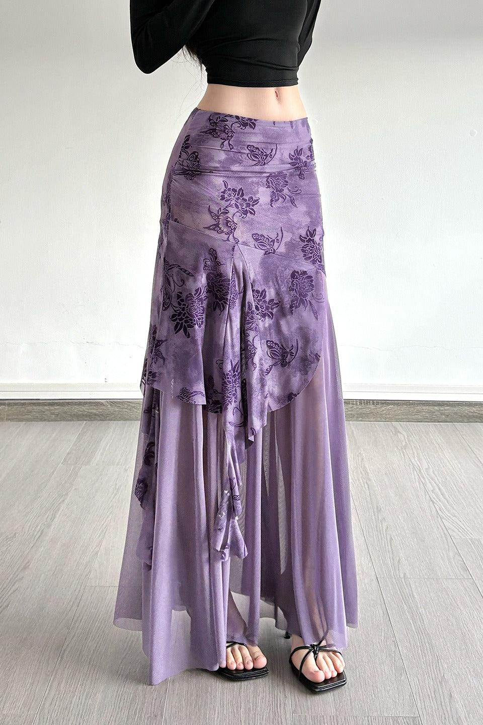 Vintage Floral Print Ruched Maxi Skirt