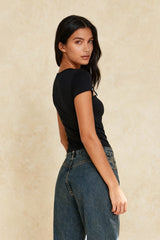 O-Neck Short Sleeve Front Lace-up Hollow Out Summer Black Party Clubwear T-shirts