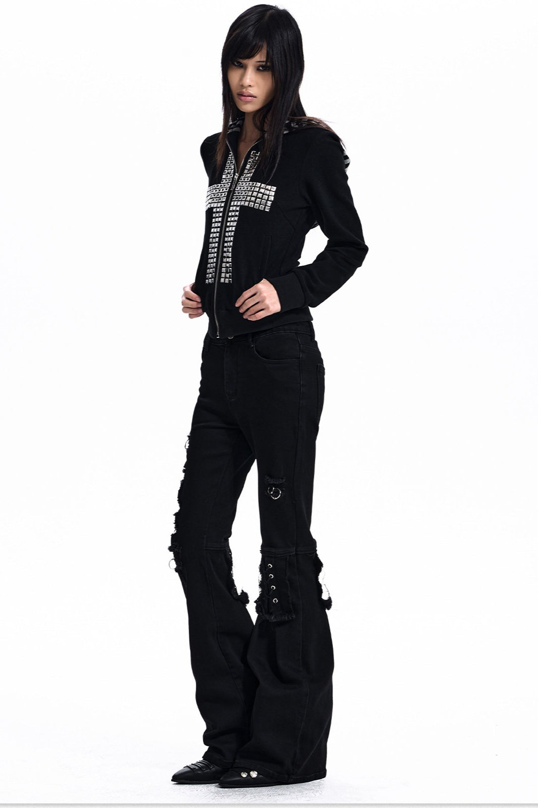 Rhinestone Cross Fitted Zip Up Hoodie Secondary image