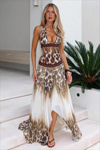 Beaded Halter Sheer Panel Maxi Dress