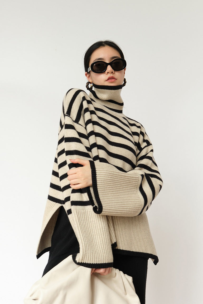 Striped Turtleneck Oversized Contrast Hem Knit Sweater