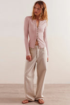 Ribbed Round Neck Button Cardigan Knit Top