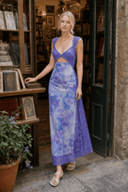 Lace Patchwork Strap Backless Slit Maxi Floral Dress