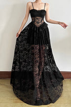 Sleeveless Ruffled Waist Maxi Lace Dress