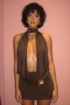 Deep Plunge Halter Drape Front Bodycon Mini Dress