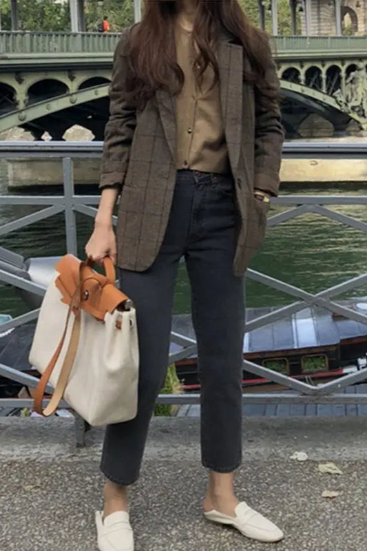 Plaid Woolen Button Blazer Secondary image