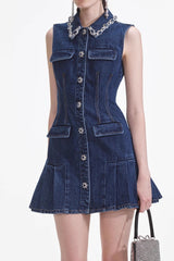 Blue Rhinestone Mini Denim Dress