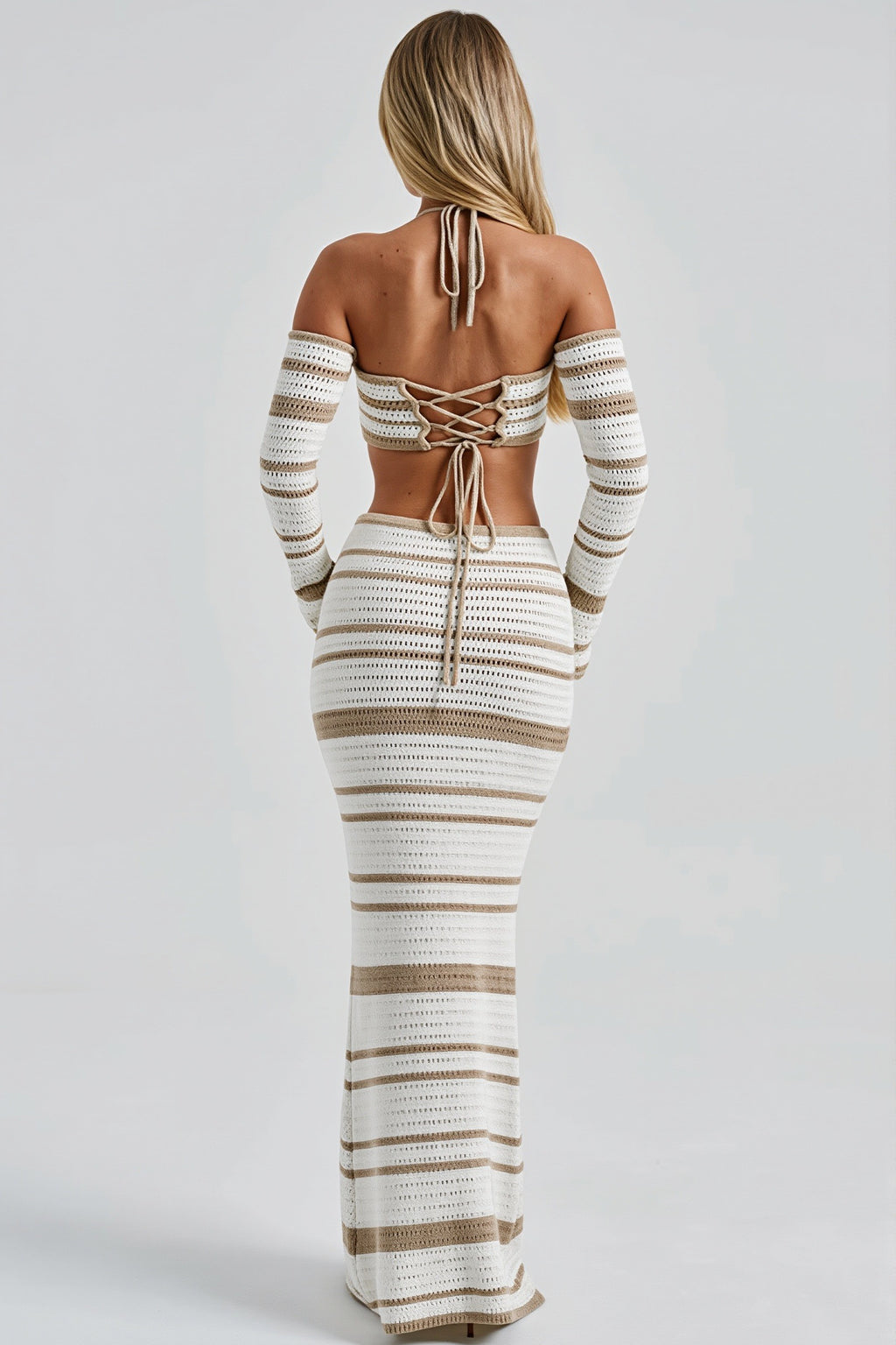 Striped Tie Front Long Sleeve Top Maxi Skirt Two Piece Set