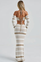 Striped Tie Front Long Sleeve Top Maxi Skirt Two Piece Set