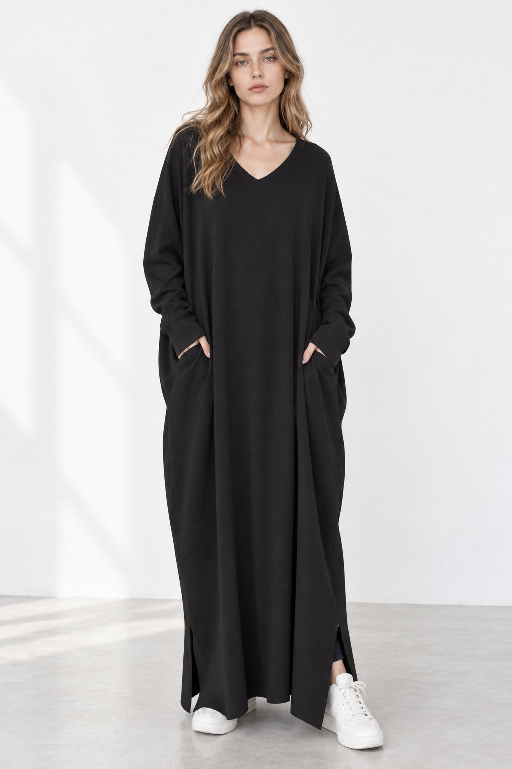 Slit Hem V Neck Sweatshirt Dress