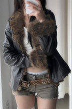 Fur Collar Panel Leather Jacket