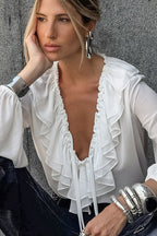 Lantern Sleeve Ruffled V Neck Tie Waist Elegant Blouse