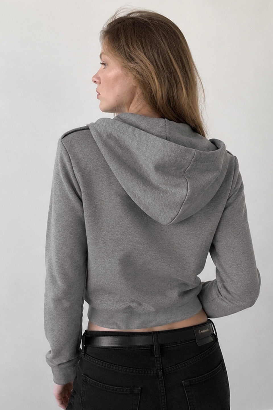 Double Button Trim Cropped Zip Hoodie